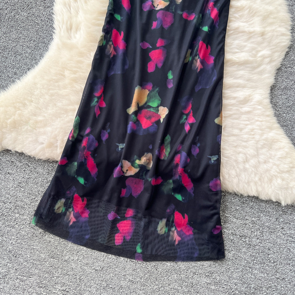 French chic sexy print cami dress - figure-flattering, hollow-out, backless, slim-fit vacation maxi dress