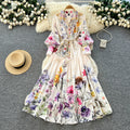 French retroelegancefashionprintingdress women's autumn clothes palace style straps waist single breasted large swing long skirt