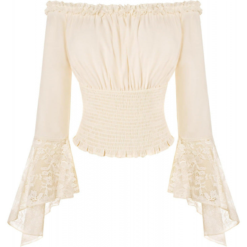 Amazon fashionlace off-shoulder long sleevesshirt women's  spring new arrival one-line collar rufflestops