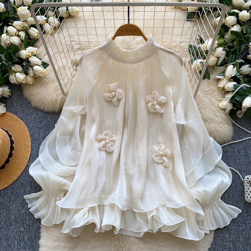 French chic floral ruffle blouse - women's summer loose fit long sleeve lantern sleeve top - ageless & elegant