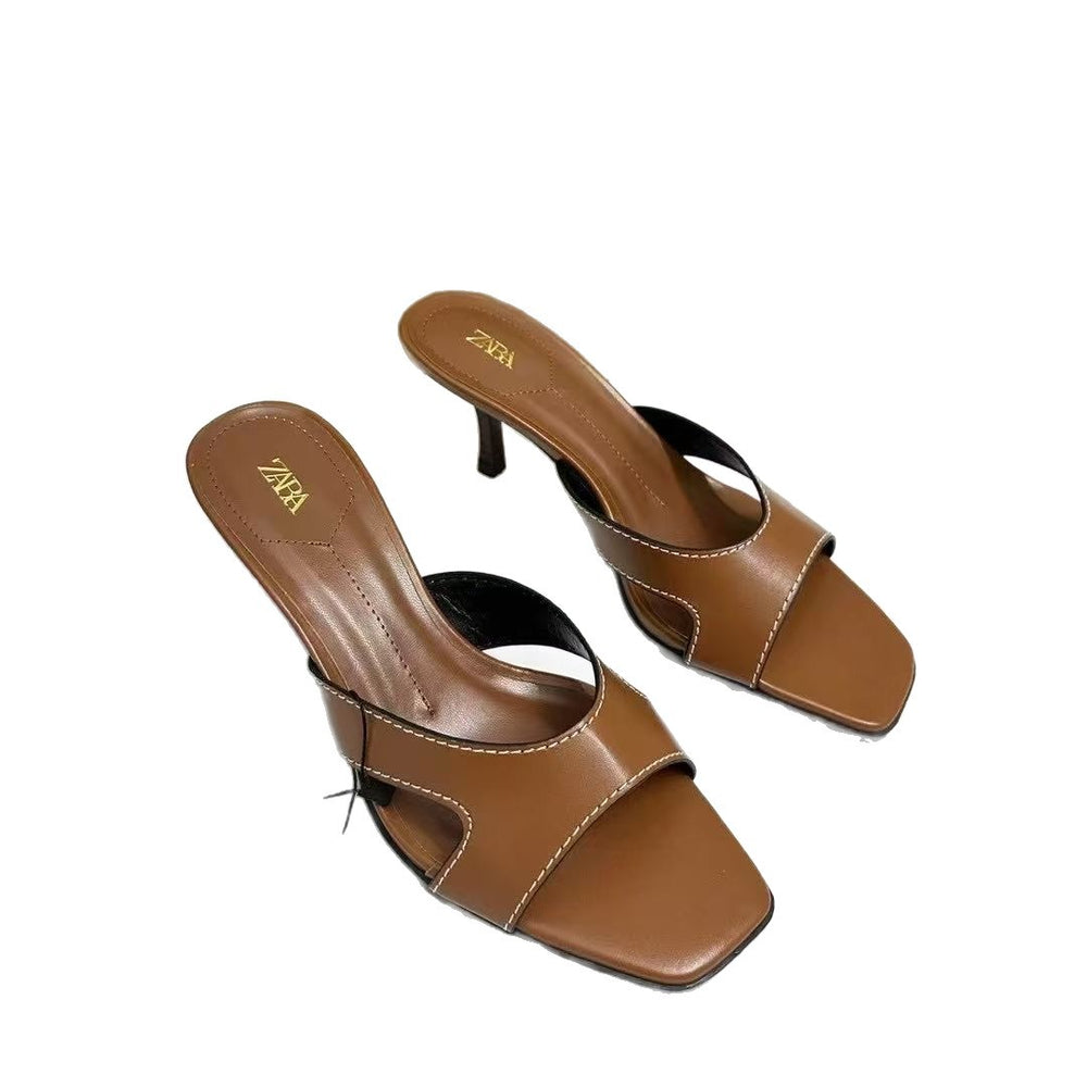 Za2025summer retro brown stitching square toe slippers stiletto heel sandals one-line drag stitching elegant