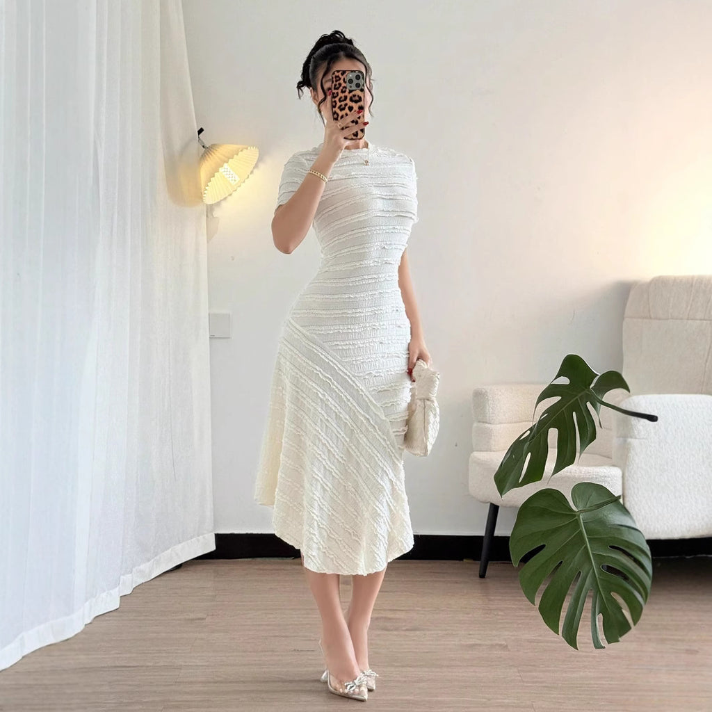 Elenzga European and American style turtleneck short sleeve high waist texture asymmetrical splicing mini jumpsuit