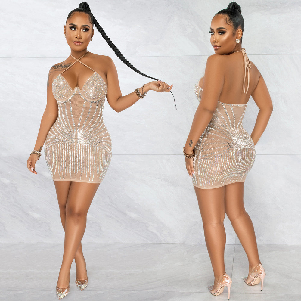 X5653    fashion sexy halter wrap chest rhinestone mesh see-through midi dress