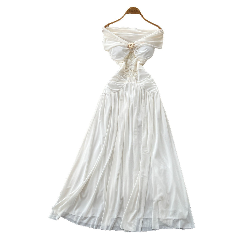 French riviera style off-the-shoulder white a-line dress - sleeveless, slim-fit, and elegant summer maxi dress for women