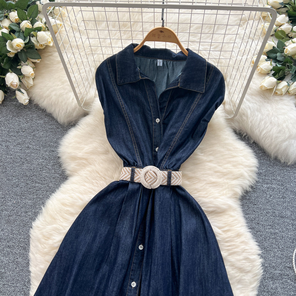 Women's summer dress  new korean style fashion turn-down collar sleeveless single-breasted cinched waist denim shirt maxi dress