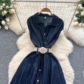 Women's summer dress  new korean style fashion turn-down collar sleeveless single-breasted cinched waist denim shirt maxi dress