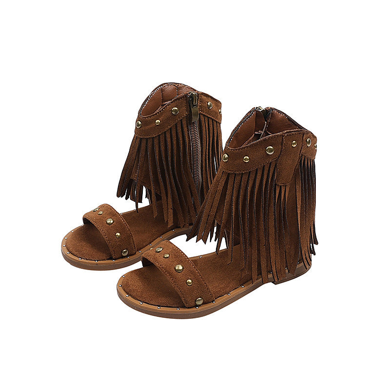 Summer rivet boots new arrivalgirl one strap roman shoes semya style tassel high slope heel kids sandals