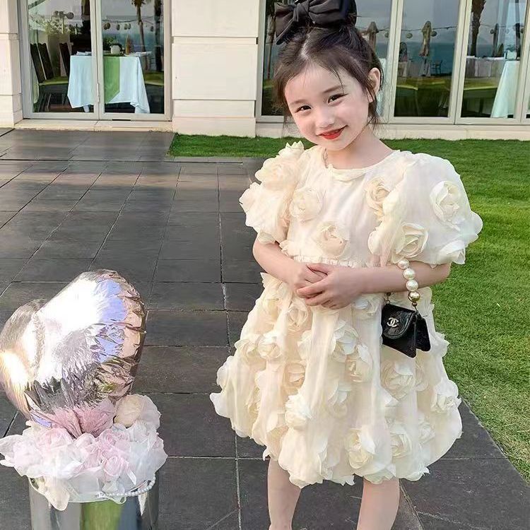 【clearance】girls' summer dress: new, stylish rose-embellished, fairy-tale bubble sleeve princess tutu dress