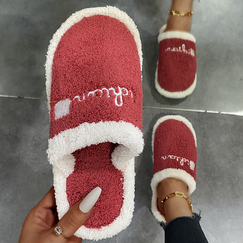 Amazon winter baotou home plaid flat heel pure color plus size round toe home heattech casual cotton slippers dropshipping