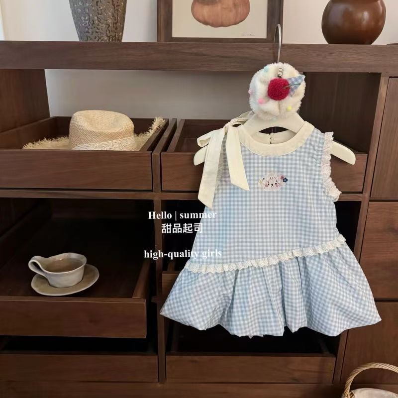 【dropshipping】girls'  new korean style summer sweet bow dress - plaid cute baby tulip dress