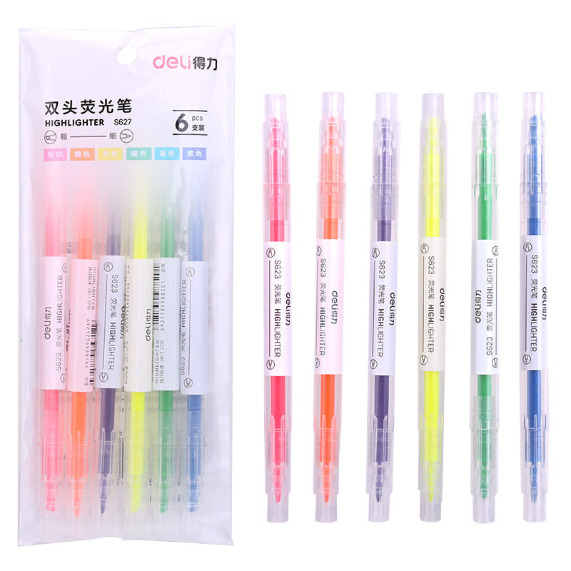 Deli Double Head Highlighter S627 Student Marker Pen 6-Color Marker Color Marker Weight Writing Pen Stationery