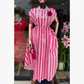 European and american cross-border women's fashion:  spring new arrival - stylish and elegant striped tie-waist pocket short-sleeve midi dress