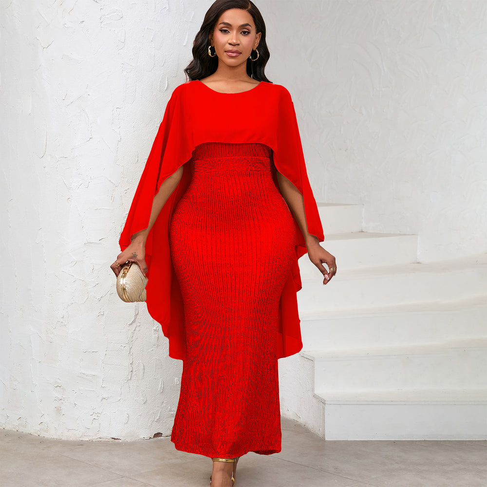 D556 european and american style spring new fashion chiffon cape sequin bodycon maxi dress banquet party gown