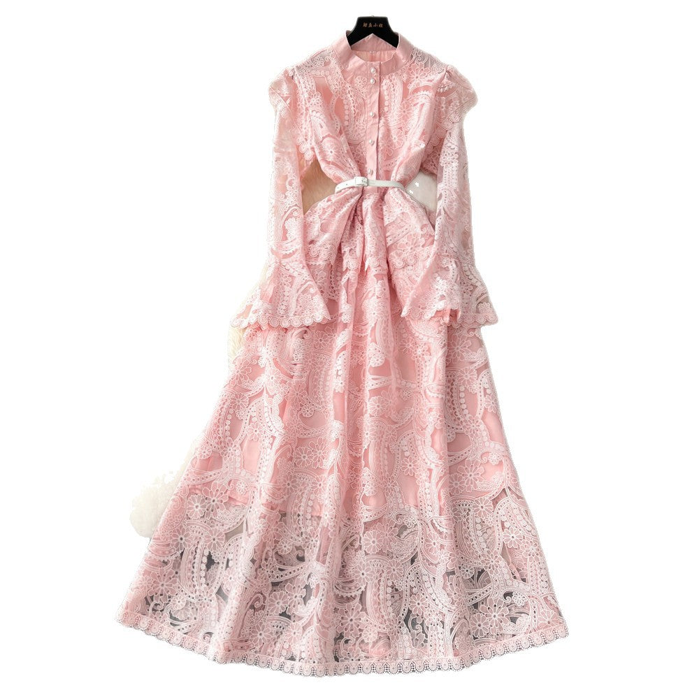 new spring/summer elegant high-end banquet evening gown - women's heavy embroidery cutout flared sleeve dress