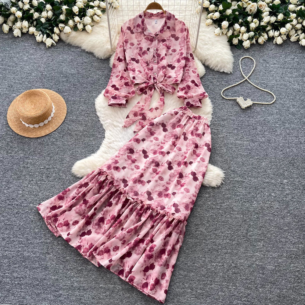 French romantic pink floral print blouse and midi skirt two-piece set - women's autumn commute outfit with tie waist, slimming and elegant