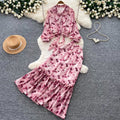 French romantic pink floral print blouse and midi skirt two-piece set - women's autumn commute outfit with tie waist, slimming and elegant