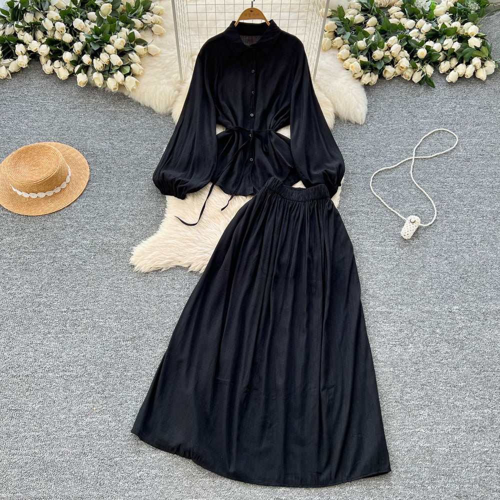 Minimalist solid color elegant women's spring outfit: bubble sleeve tie-up blouse + elastic waist slimming midi skirt