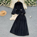 Minimalist solid color elegant women's spring outfit: bubble sleeve tie-up blouse + elastic waist slimming midi skirt