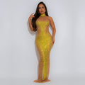 C7556 cross-border   fashion women's sexy see-through mesh rhinestone party dress