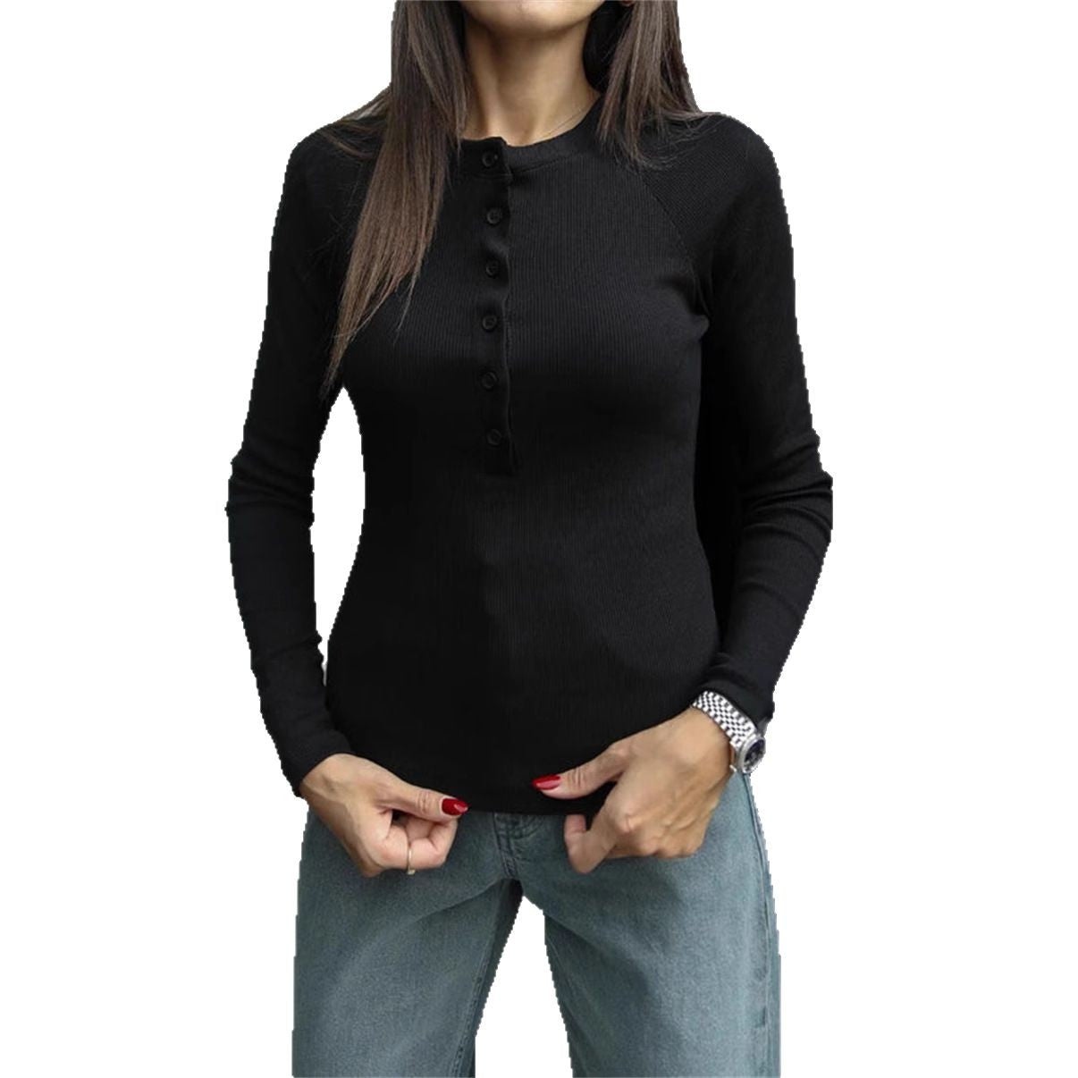 simple half-open neck button long-sleeved T-shirt women's clothing inside slim fit and thin clothes