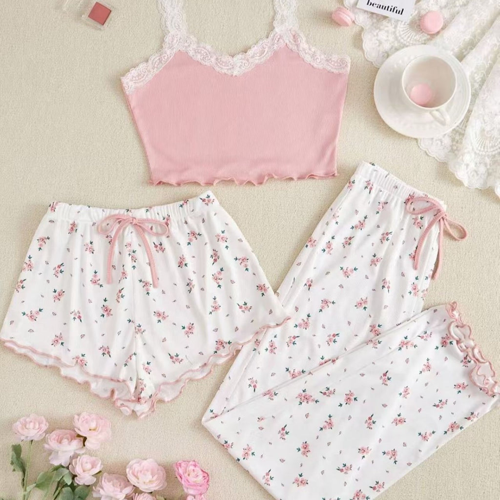 Sexy floral pajamas women's summer lace suspenders three-piece set short trousers girl suit cute women's loungewear