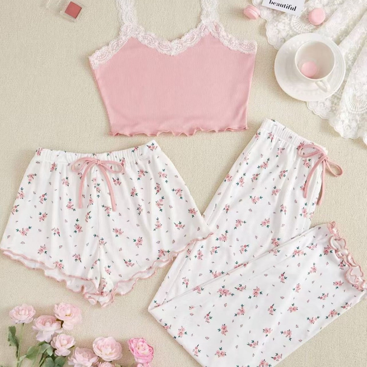 Sexy floral pajamas women's summer lace suspenders three-piece set short trousers girl suit cute women's loungewear