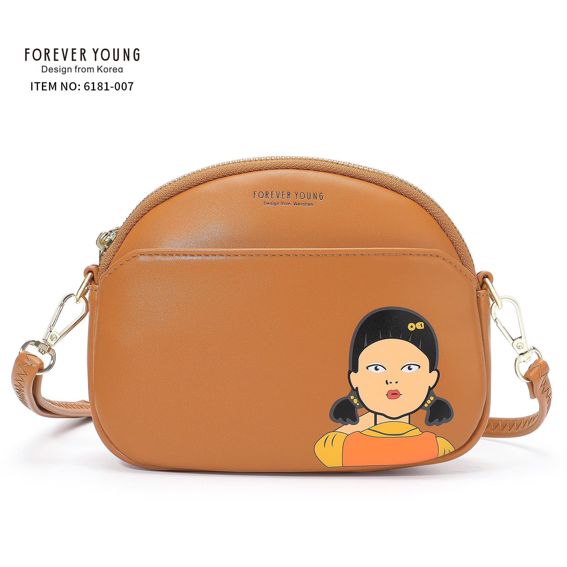 Foreveryoung simple PU women's bag Korean shoulder bag student messenger bag printed double zipper mobile phone bag