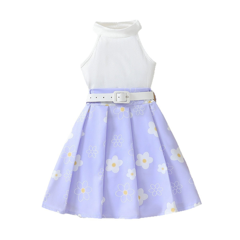 Summer girls' sleeveless halter top with purple floral print pleated skirt and belt - children's dress for export