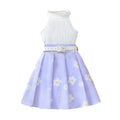 Summer girls' sleeveless halter top with purple floral print pleated skirt and belt - children's dress for export