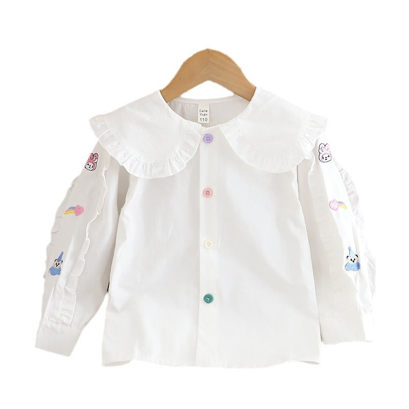 Baby girl autumn outfit doll collar shirt  new infant cartoon embroidery children's long sleeve doll collar top
