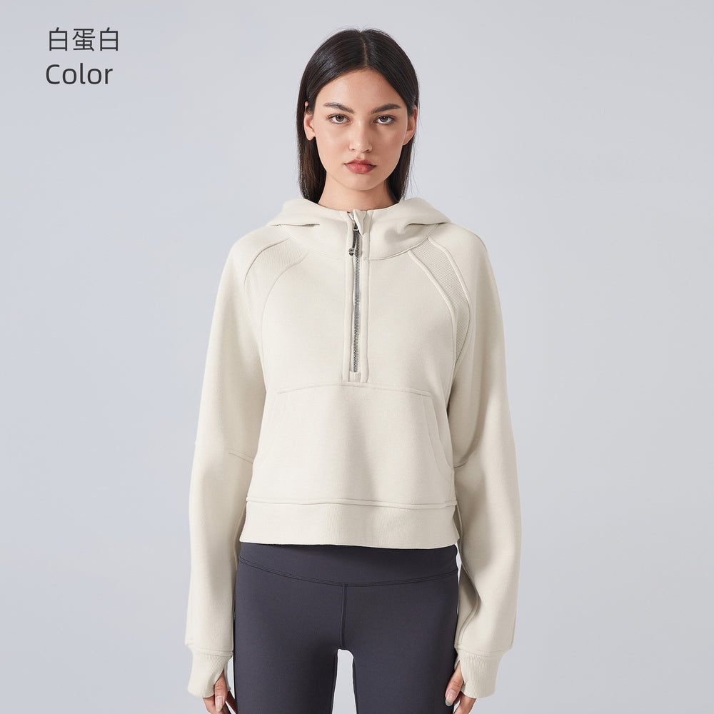 Fall and winterfleece-linedheattech yoga wear half-zip hooded sweatshirt outdoor fitness loose sports tops women's daw139