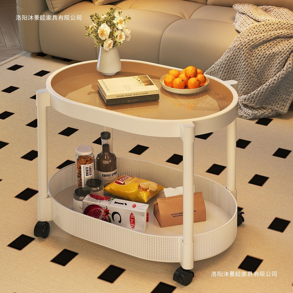 Small apartment mobile oval cream coffee table, sofa side table, small table, living room storage and snack cart