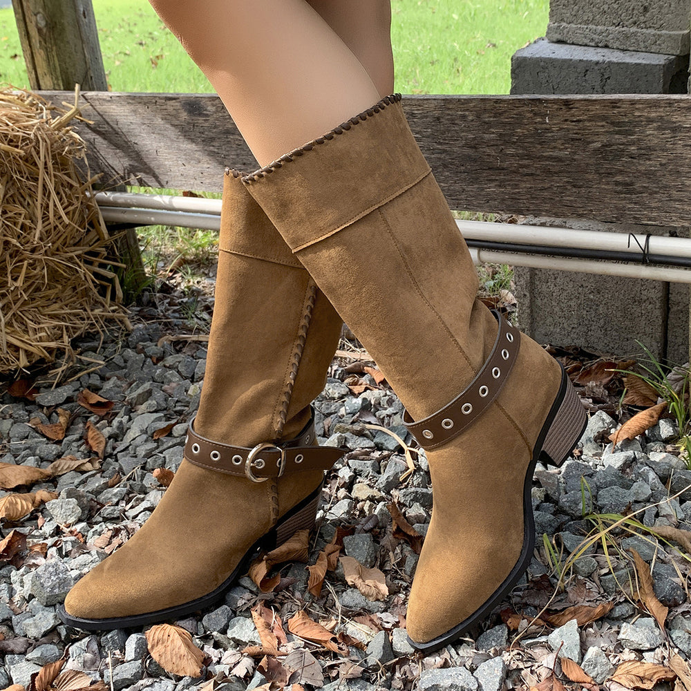 Casual and versatile ankle boots: new  cross-border plus size autumn round toe french chunky heel solid color women's martin boots