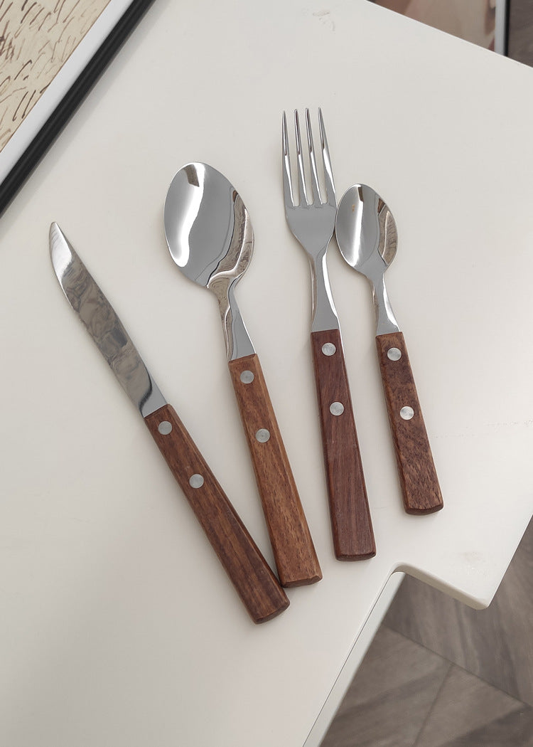 Factory direct sales scandinavianins style 304 stainless steel huanghuali wooden handle knife, fork, spoon, tea spoon, western food tableware suit