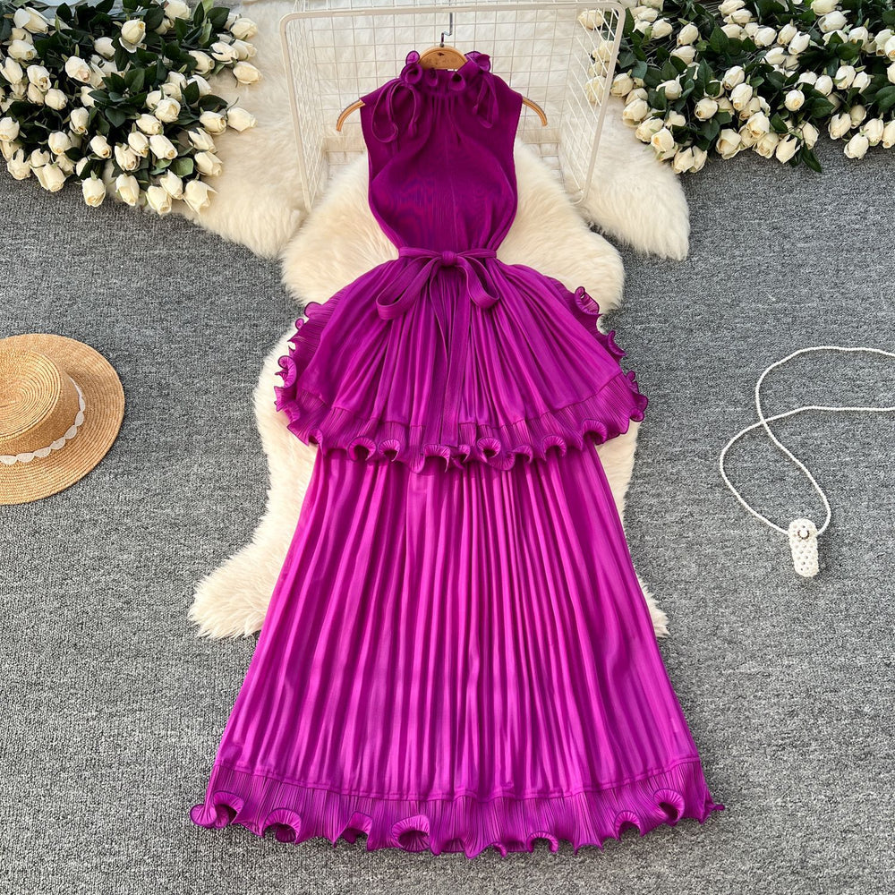 European and american light luxury sleeveless dress - women's summer ruffle hem, cinched waist, elegant, unique, exquisite maxi dress