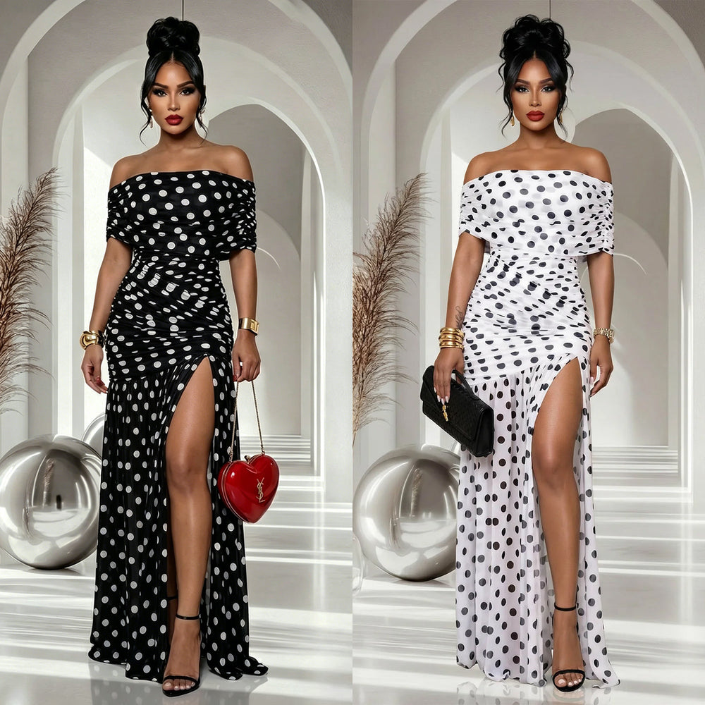 C7743 cross-border   fashion women's polka dot slit party vacation bodycon dress