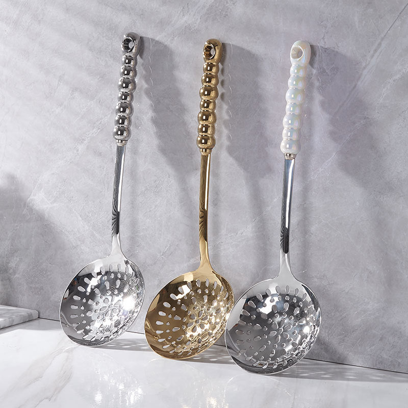 Luxury-style ceramic handle stainless steel cookware set - 7 piece set with elegant pearl design spatula and ladle - wholesale for home use