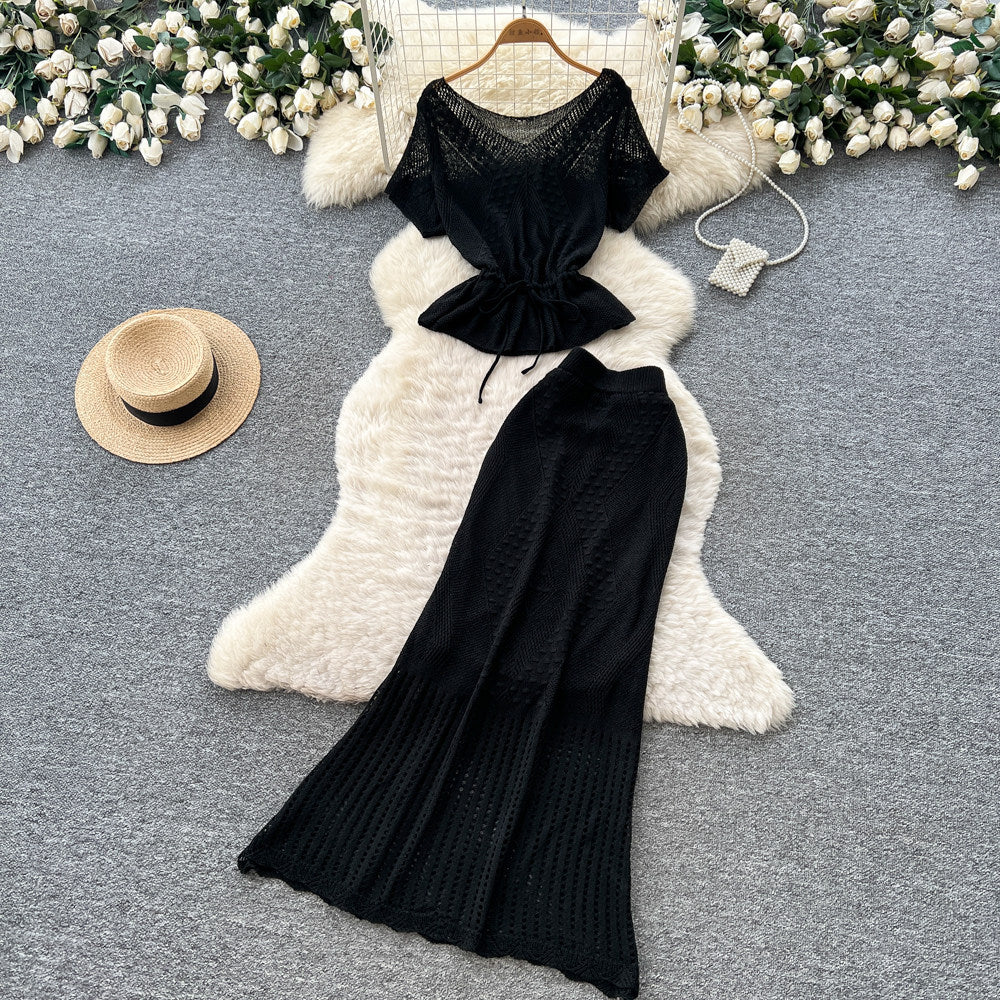 French chic hollow-out knit short sleeve two-piece set - women's summer slim fit, slimming, elegant, and professional style outfit