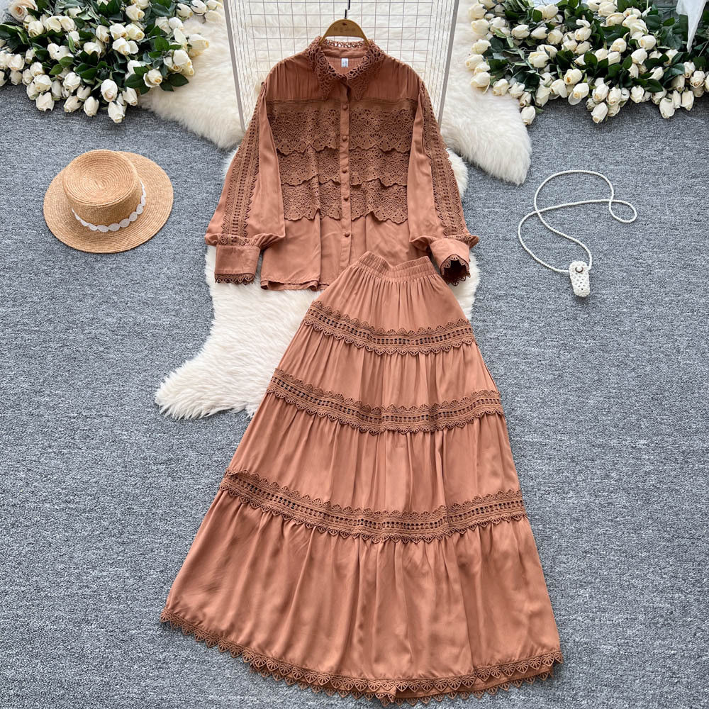 French court style hollow-out crochet mature woman's summer outfit: long-sleeved blouse & elastic waist long skirt set