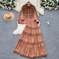 French court style hollow-out crochet mature woman's summer outfit: long-sleeved blouse & elastic waist long skirt set