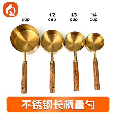 Factory direct cross-border stainless steel long-handled measuring spoons & cups - wooden handle stainless steel measuring cups - baking tools & coffee measuring spoons
