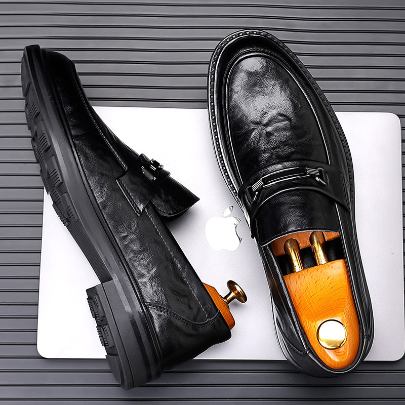 Men's low-top loafers - slip-on round toe dress shoes for business, work, and weddings - textured leather