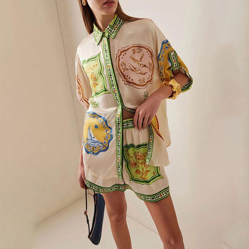 summer new women's clothing cross-border export fashion retro color block print drawstring button set 661