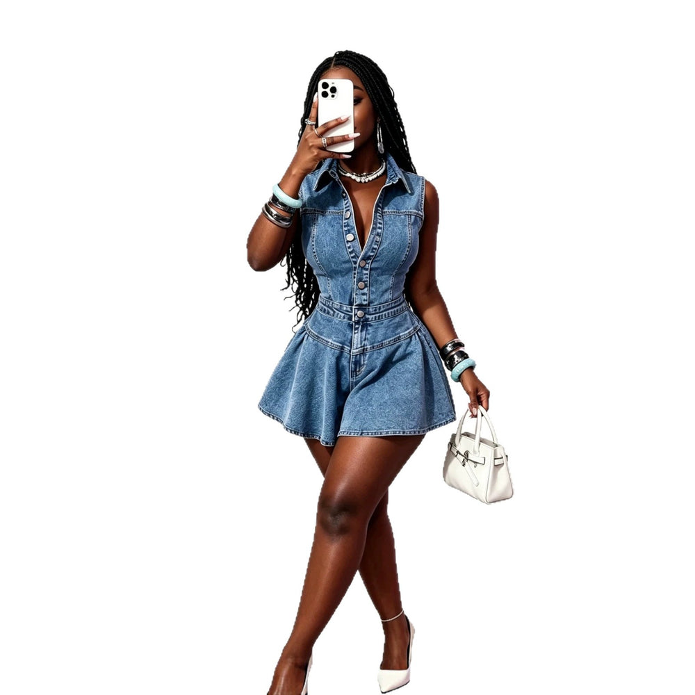 Aliexpress summer single-breasted european and american sexy slim-fit denim jumpsuit shorts - cross-border e-commerce