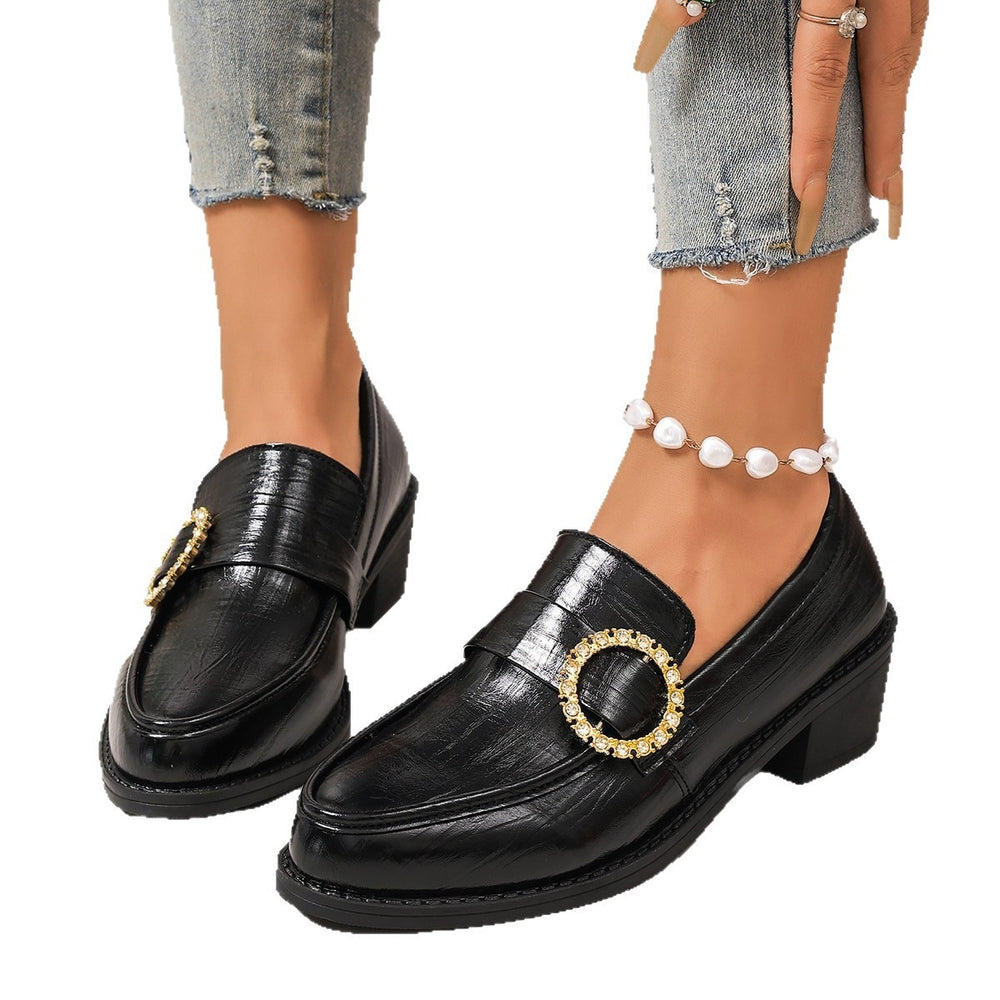 Export thick heel pointed toe loafers for women new arrival belt buckle black british small leather shoes plus sizeflatswholesale