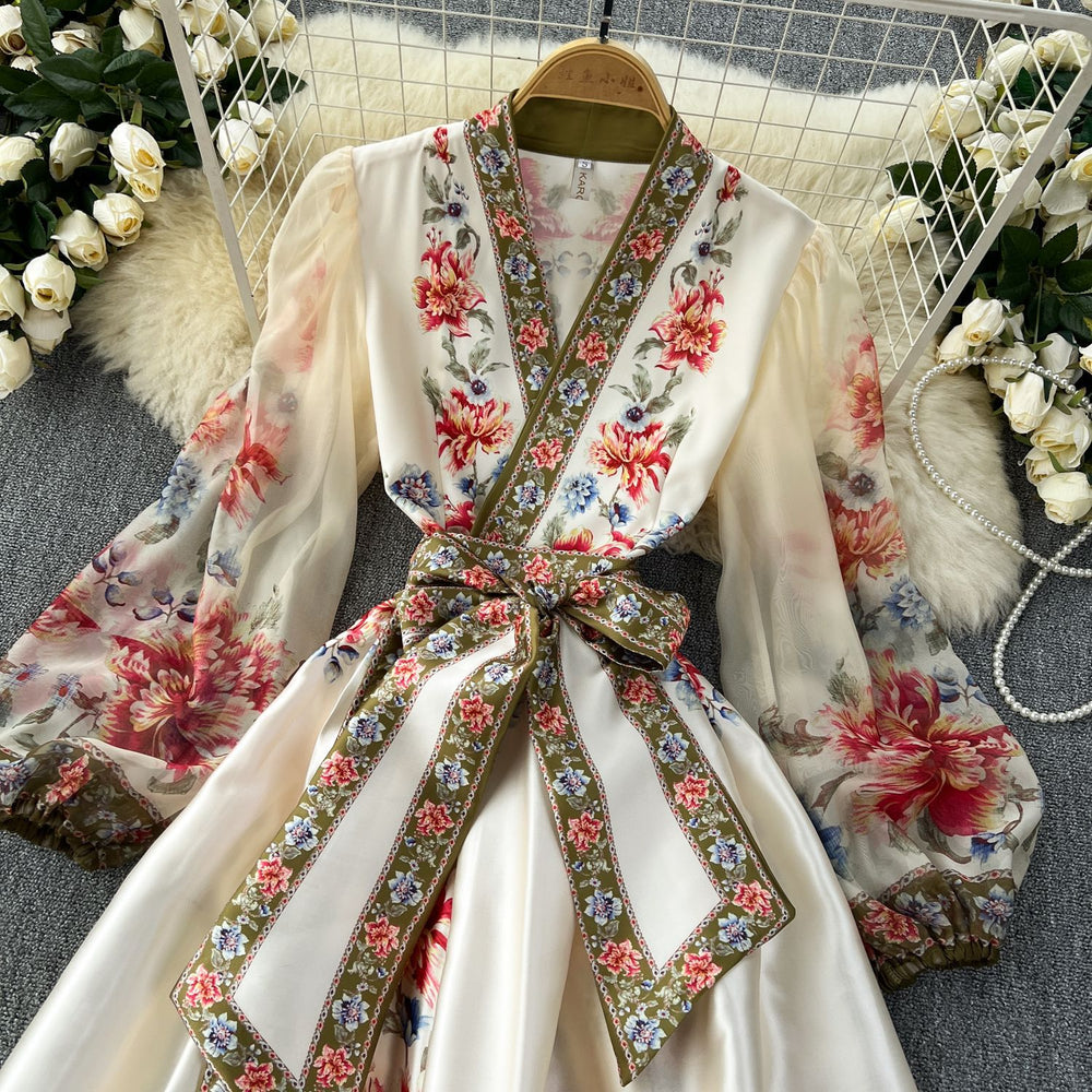 French retroelegancedress women's classy palace style printingtie back waist elegant dressfashionlong skirt
