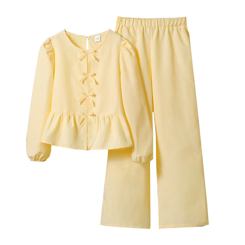 European and american cross-border girls' spring  collection: independent website &  new arrival - tie-up bow long sleeve top and pants set