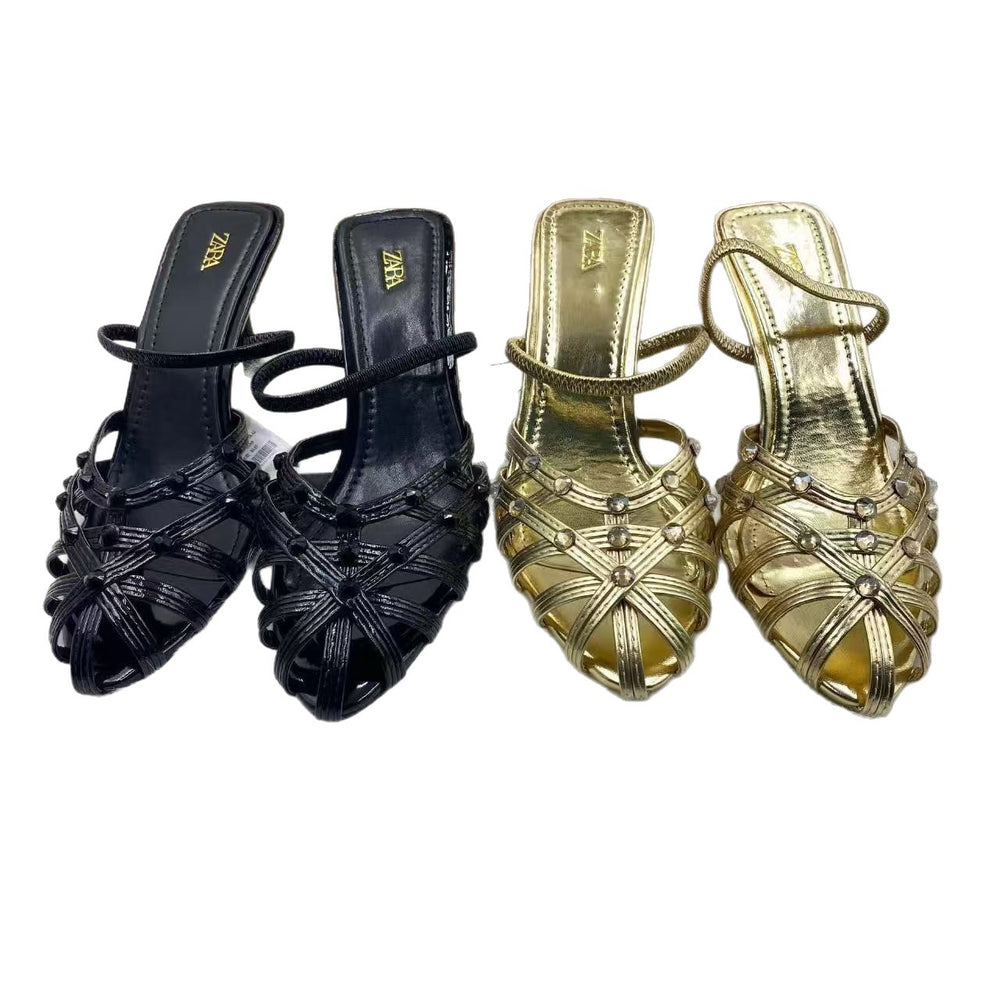 Za's 2025 new cross-border independent station ins fashion runway gold strap minimalist open-toe women's sandals