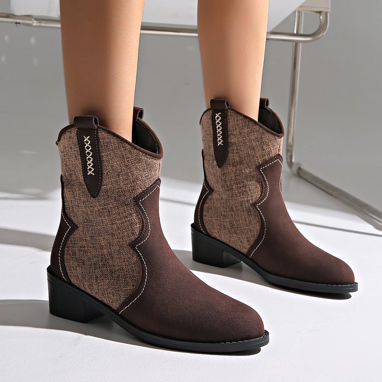 plus size square heel pointed toe denim short boots for women fall and winterfashion suede slip-on knight boots retro style