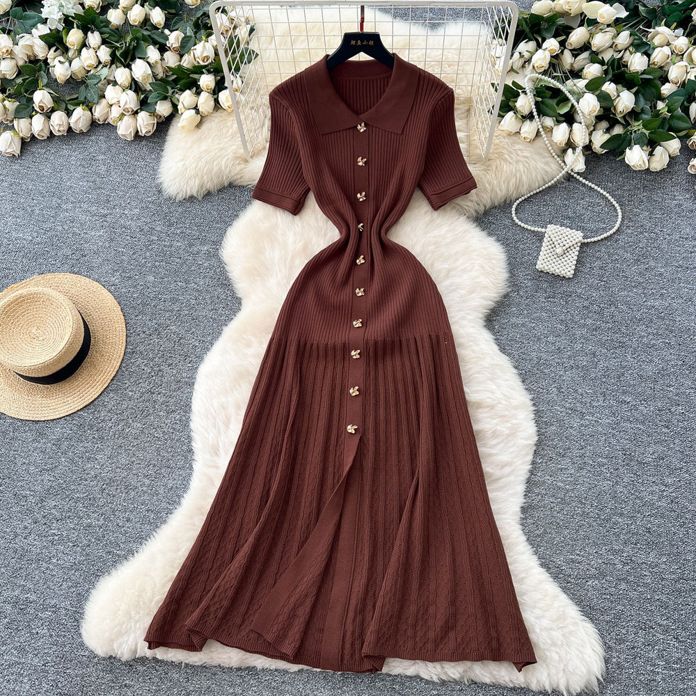 Frenchretropolo collar short-sleeved metal button silmslimming lookdress women's classy sense waist knitting long skirt